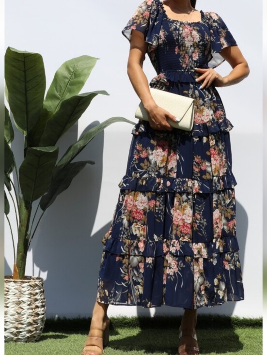 Dress Day Dresses & Skirts - Navy Floral Tiered Maxi Dress with Smocked Bodice NWT